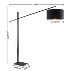 Arcchio kaareva lattiavalaisin Mossa, 200 cm, musta-kulta, tekstiili