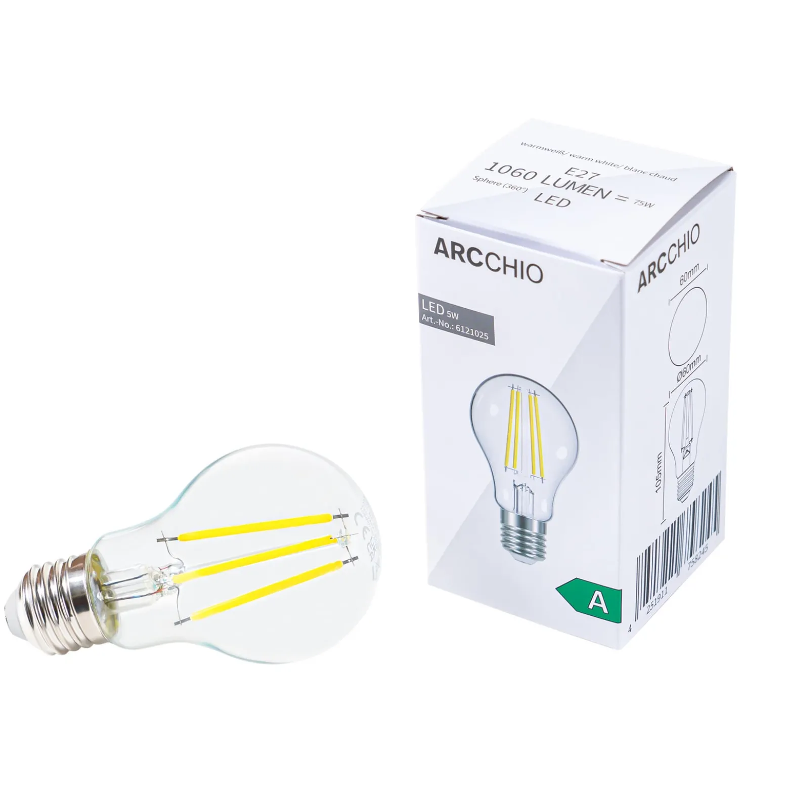 Arcchio LED-lamppu, hehkulanka, E27, 5 W, kirkas, 2 700 K