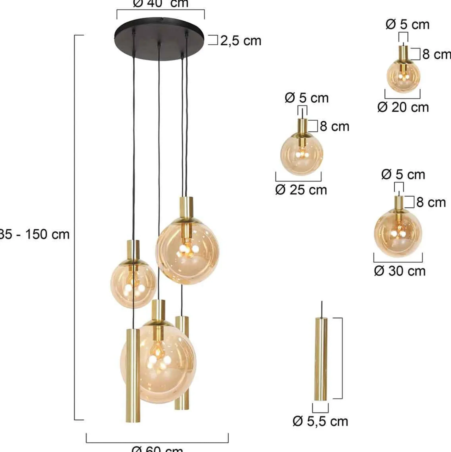 Bollique-riippuvalaisin, 5-valoinen pyöreä, messinki, GU10 + E27