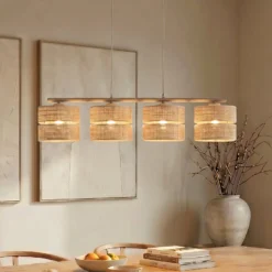 Calma-riippuvalaisin, 4-lamppuinen, beige, rami, pituus 95 cm
