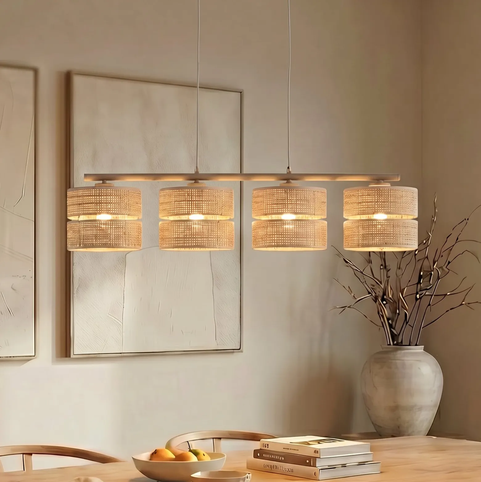 Calma-riippuvalaisin, 4-lamppuinen, beige, rami, pituus 95 cm