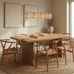 Calma-riippuvalaisin, 4-lamppuinen, beige, rami, pituus 95 cm