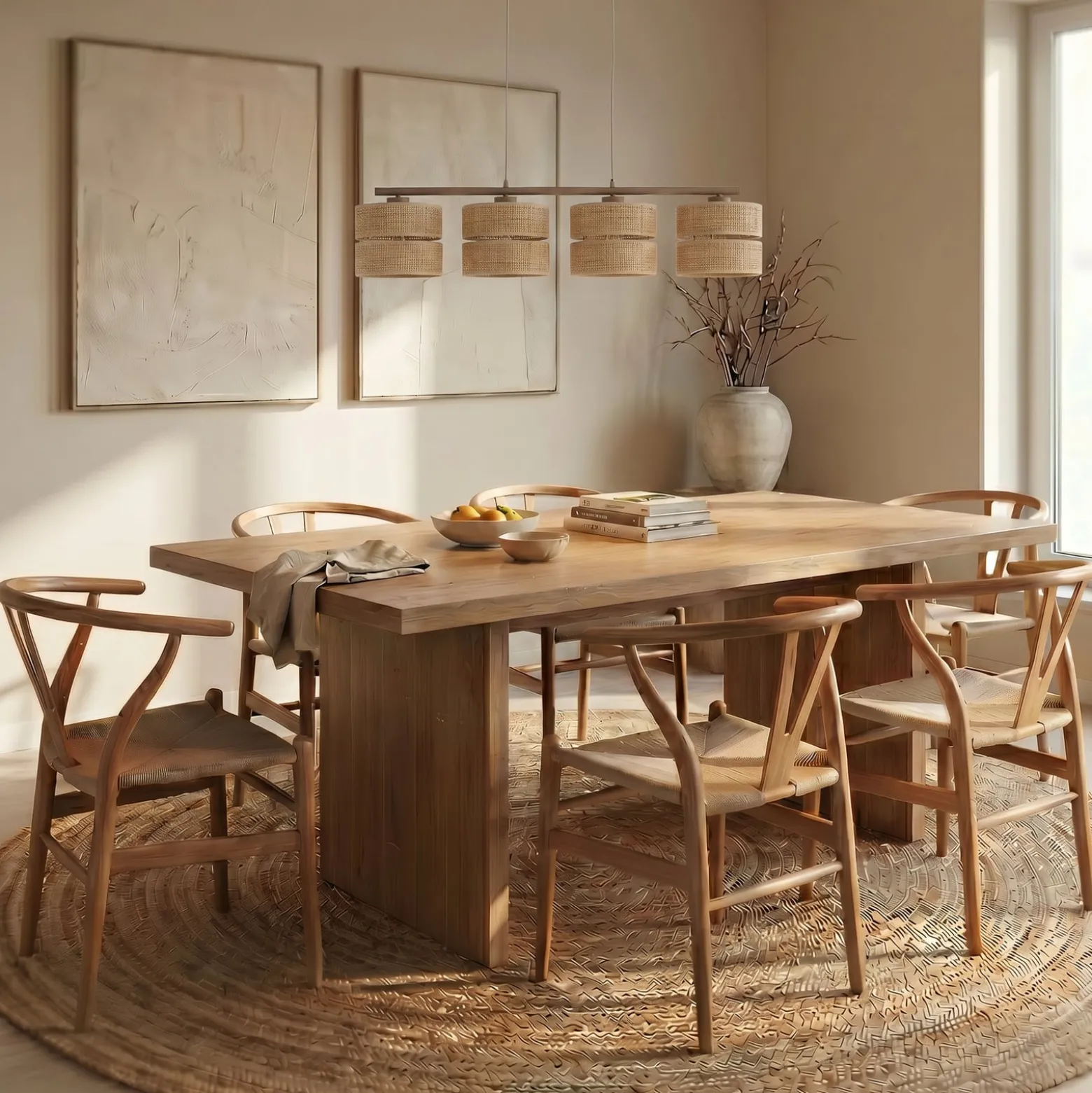 Calma-riippuvalaisin, 4-lamppuinen, beige, rami, pituus 95 cm