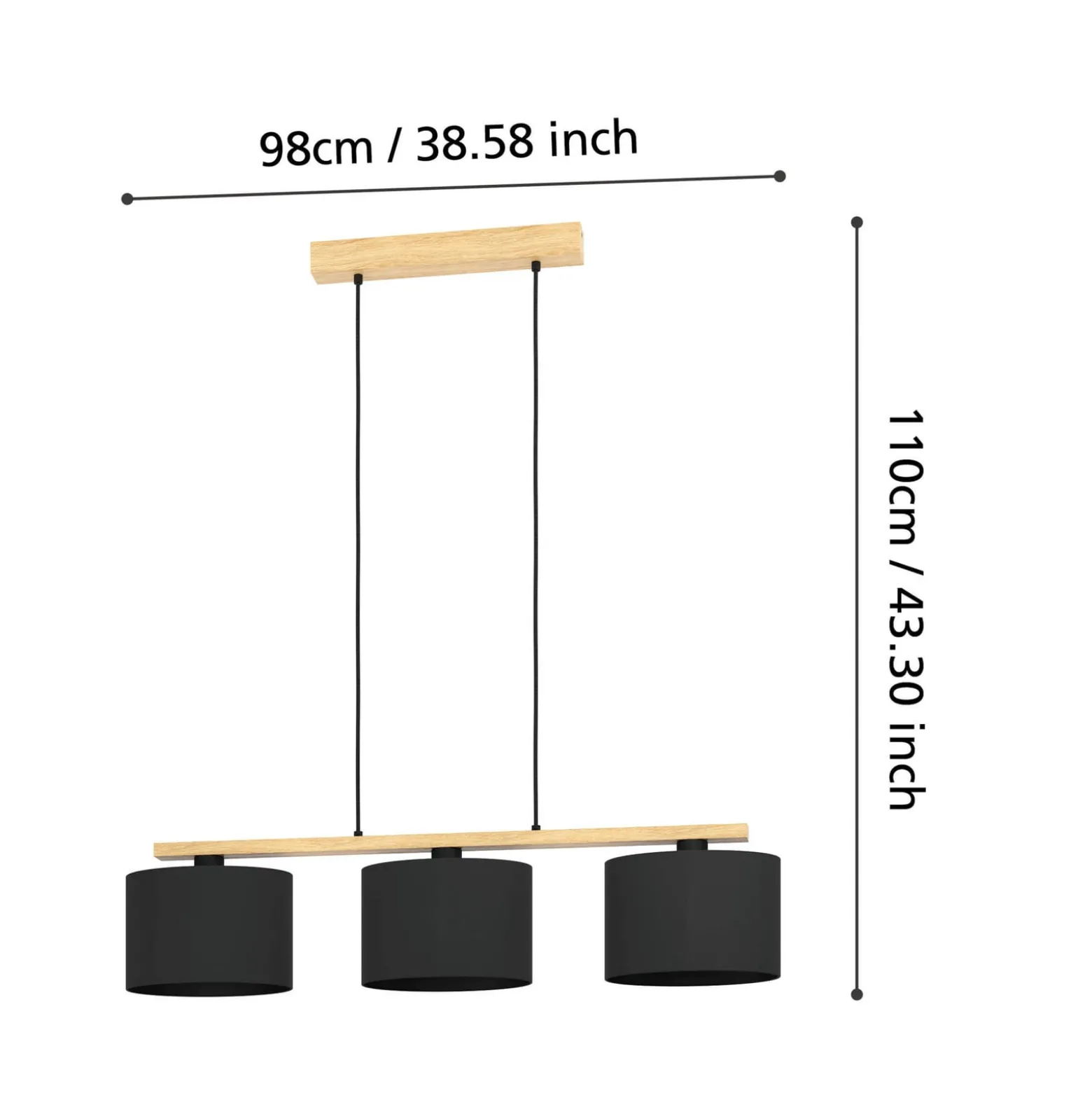 Castralvo riippuvalaisin, pituus 97,5 cm, musta, 3-valo, kangasvärinen