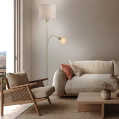 Filomena-maavalaisin, beige/messinki, tekstiili, lukuvarsi, E27, E14