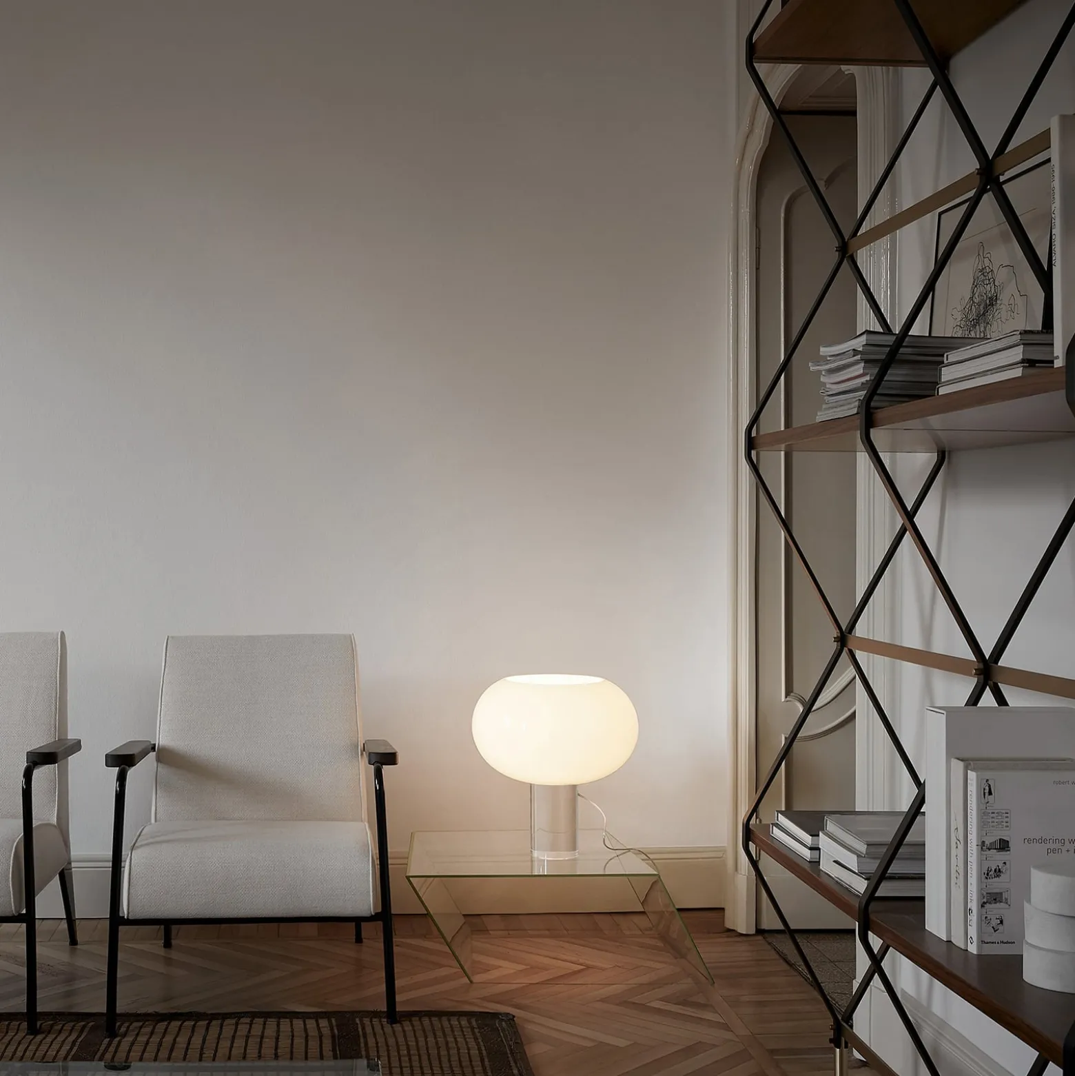Foscarini pöytävalaisin Buds 2, valkoinen, lasi, muovi, E27