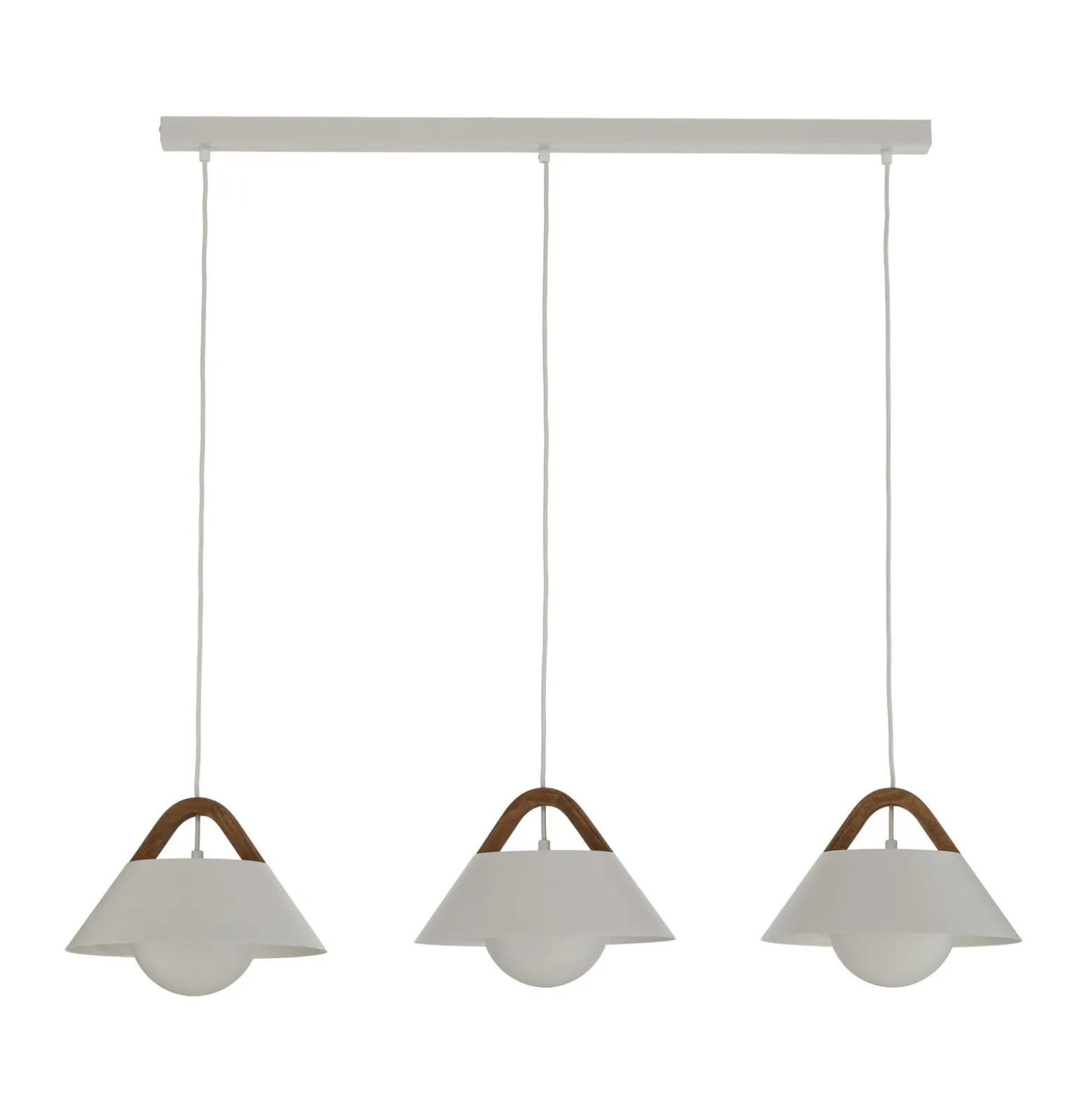 Funda-riippuvalaisin, valkoinen, pituus 110 cm, 3-lamppuinen, metalli/lasi