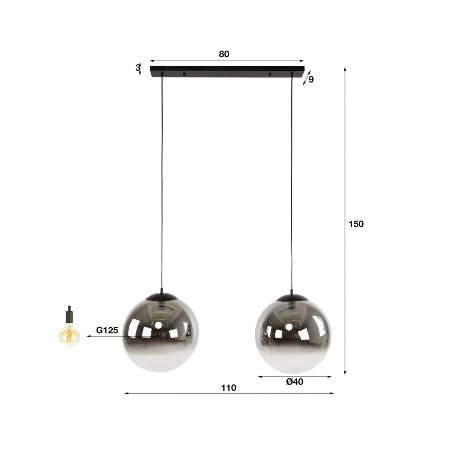 Glassball XL-riippuvalaisin, 2-valo, lasi, savunharmaa, antrasiitti