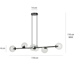 Glassy riippuvalaisin, 6-lamppuinen, musta, kirkas, lasi, 110 cm