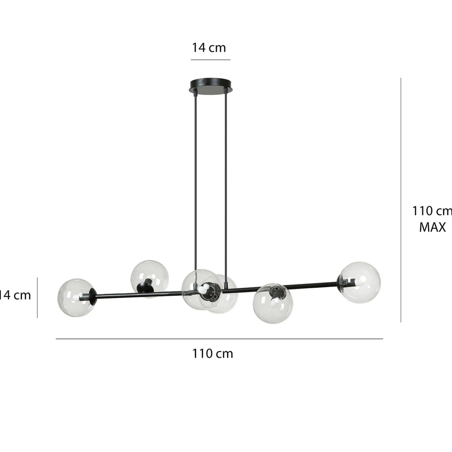 Glassy riippuvalaisin, 6-lamppuinen, musta, kirkas, lasi, 110 cm