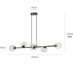 Glassy riippuvalaisin, 6-lamppuinen, musta, kirkas, lasi, 110 cm