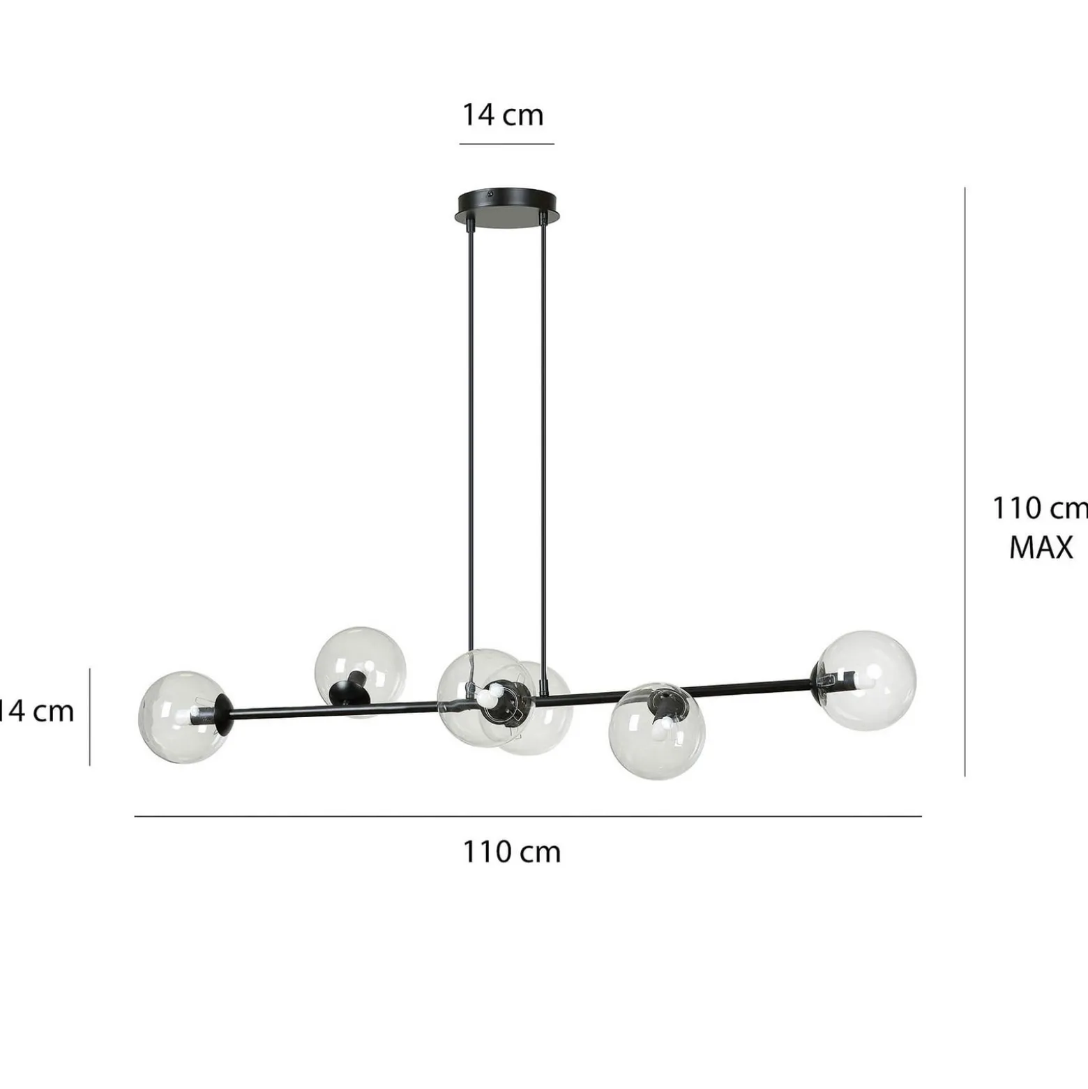 Glassy riippuvalaisin, 6-lamppuinen, musta, kirkas, lasi, 110 cm