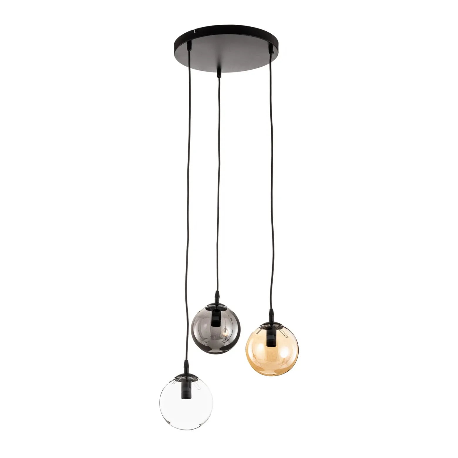Glassy riippuvalaisin, 3-lamppuinen, pyöreä, grafiitti/keltainen/kirkas, lasi