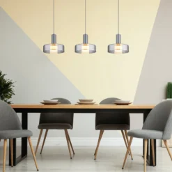 Grant LED-riippuvalaisin, pituus 90 cm, savunharmaa, 3-lamppuinen, lasi