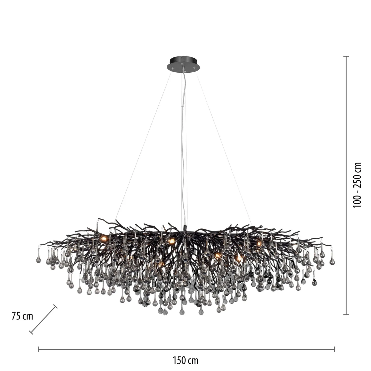 Jääpuikkokruunu, musta, lasinen ripustus, pituus 150 cm