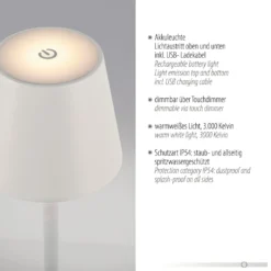 JUST LIGHT. Euria LED ladattava pöytävalaisin, valkoinen, rauta, IP54