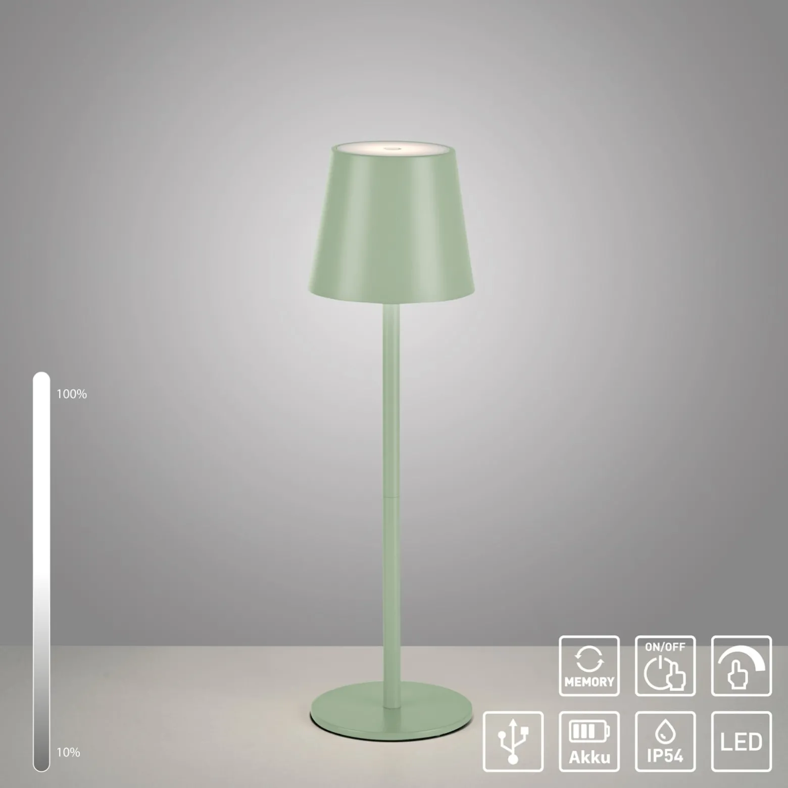 JUST LIGHT. Euria LED ladattava pöytävalaisin, vihreä, rauta, IP54
