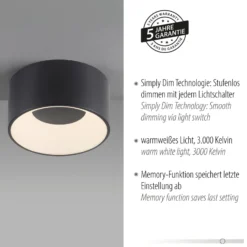 JUST LIGHT. LED-kattovalaisin Tanika musta, Ø16cm, himmennettävä