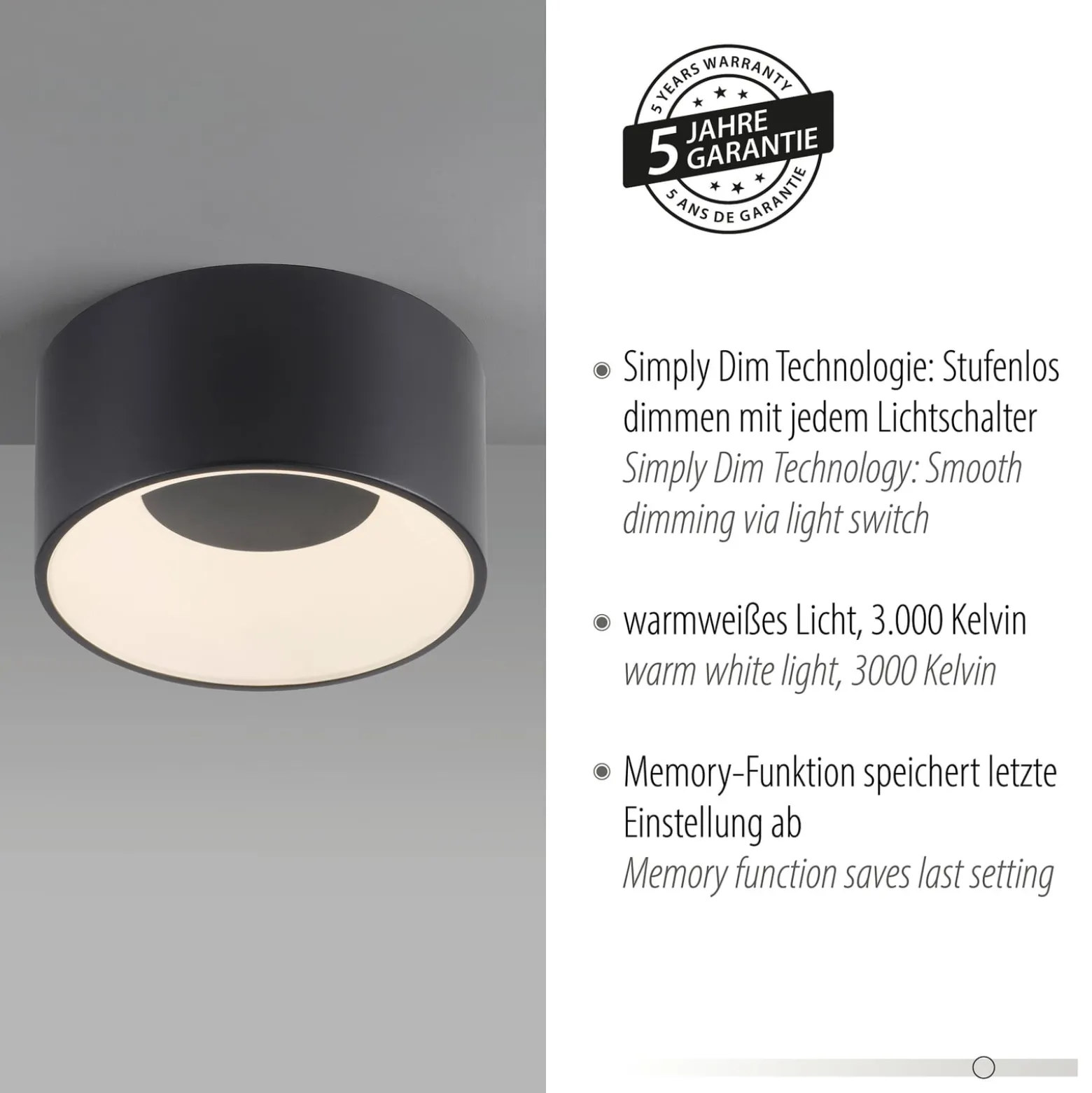 JUST LIGHT. LED-kattovalaisin Tanika musta, Ø16cm, himmennettävä