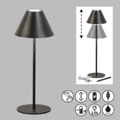 Kano LED ladattava pöytävalaisin, musta, himmennettävä, säädettävä, IP54