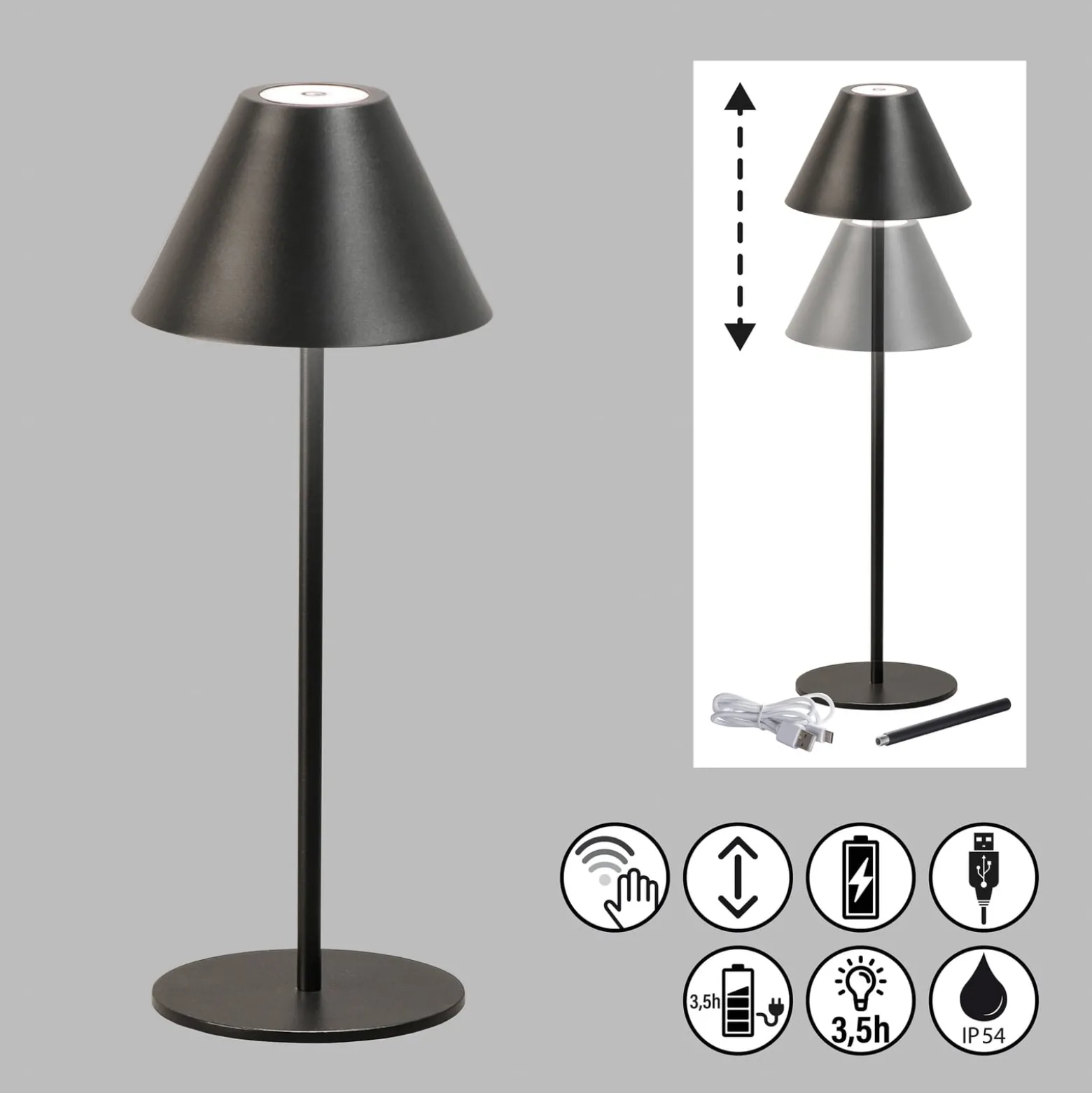 Kano LED ladattava pöytävalaisin, musta, himmennettävä, säädettävä, IP54