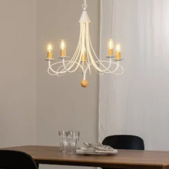 Kattokruunu Milvia, 5-lamppuinen, valkoinen/puunvärinen, metalli