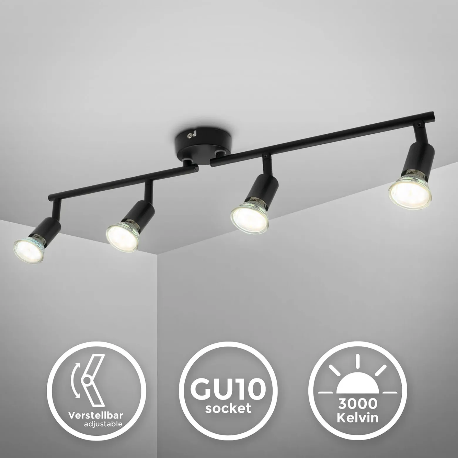 Kattovalaisin Jade, musta, 4-lamppuinen, GU10 LED, 3 000 K