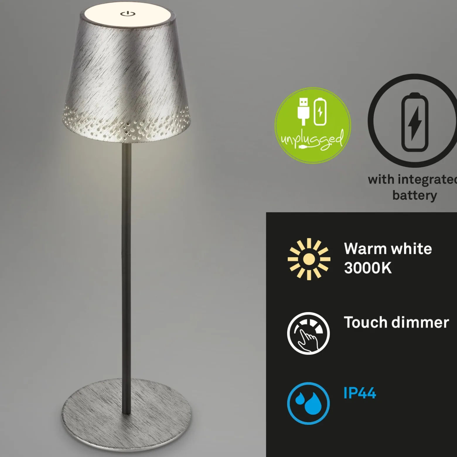 Kiki LED ladattava pöytävalaisin, antiikkihopea, IP44, 3 000K