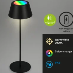 Kiki LED ladattava pöytävalaisin, musta, IP44, 3000 K, RGBW