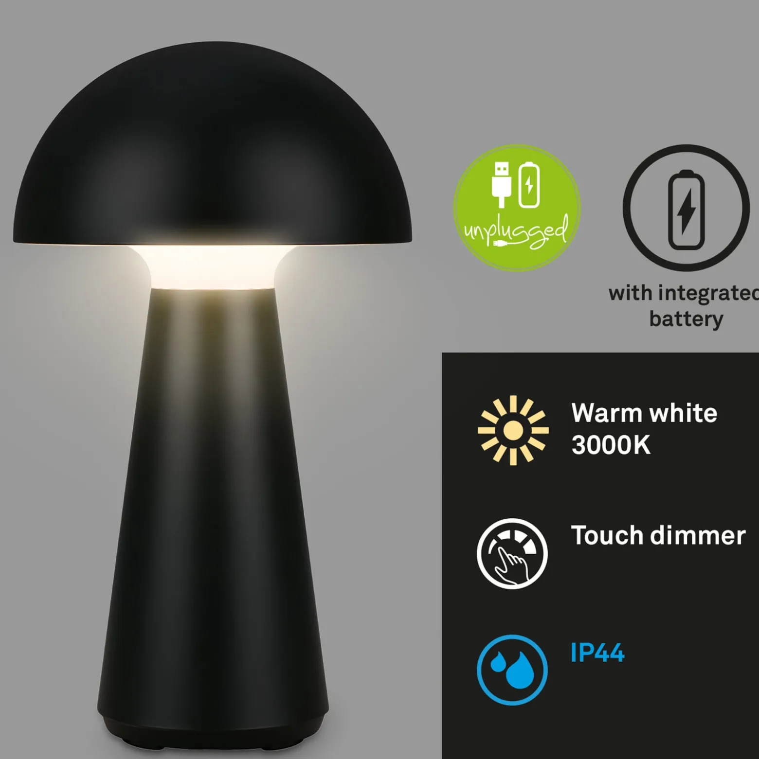 Ladattava LED-pöytävalaisin Fungo, ladattava, musta