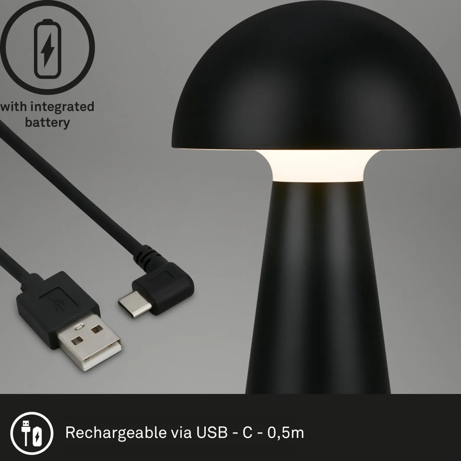 Ladattava LED-pöytävalaisin Fungo, ladattava, musta