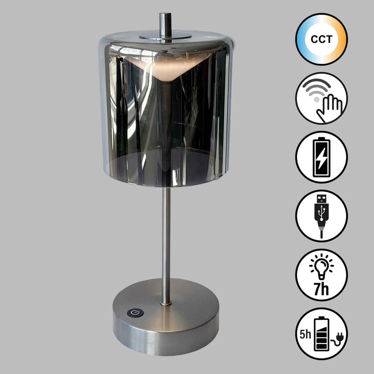 Ladattava LED-pöytävalaisin Riva, nikkeli/savu Korkeus 34.5cm