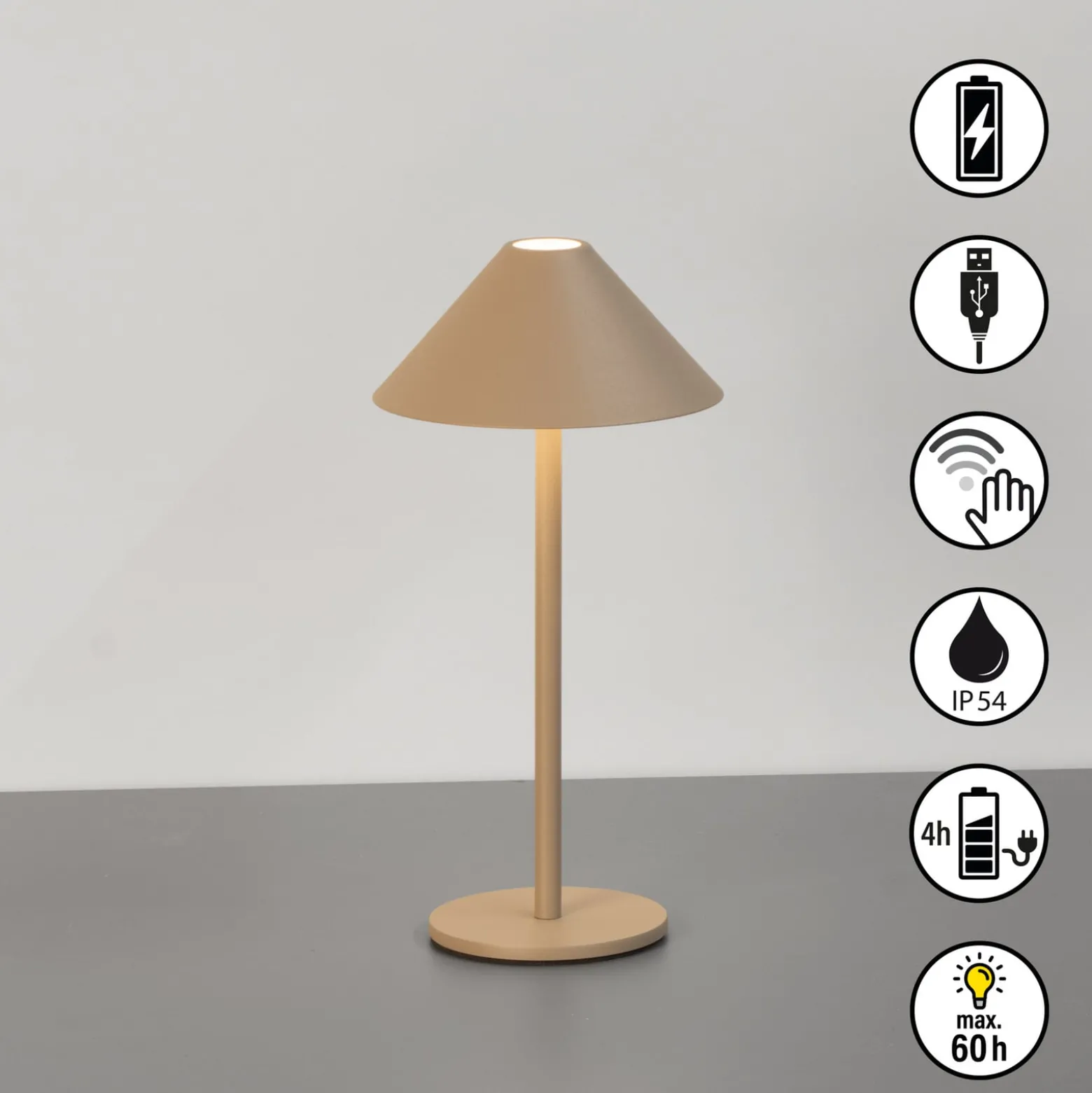 LED-akkukäyttöinen LED-pöytälamppu Prato, greige, korkeus 25 cm, metalli, IP54