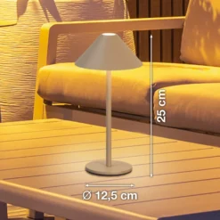 LED-akkukäyttöinen LED-pöytälamppu Prato, greige, korkeus 25 cm, metalli, IP54
