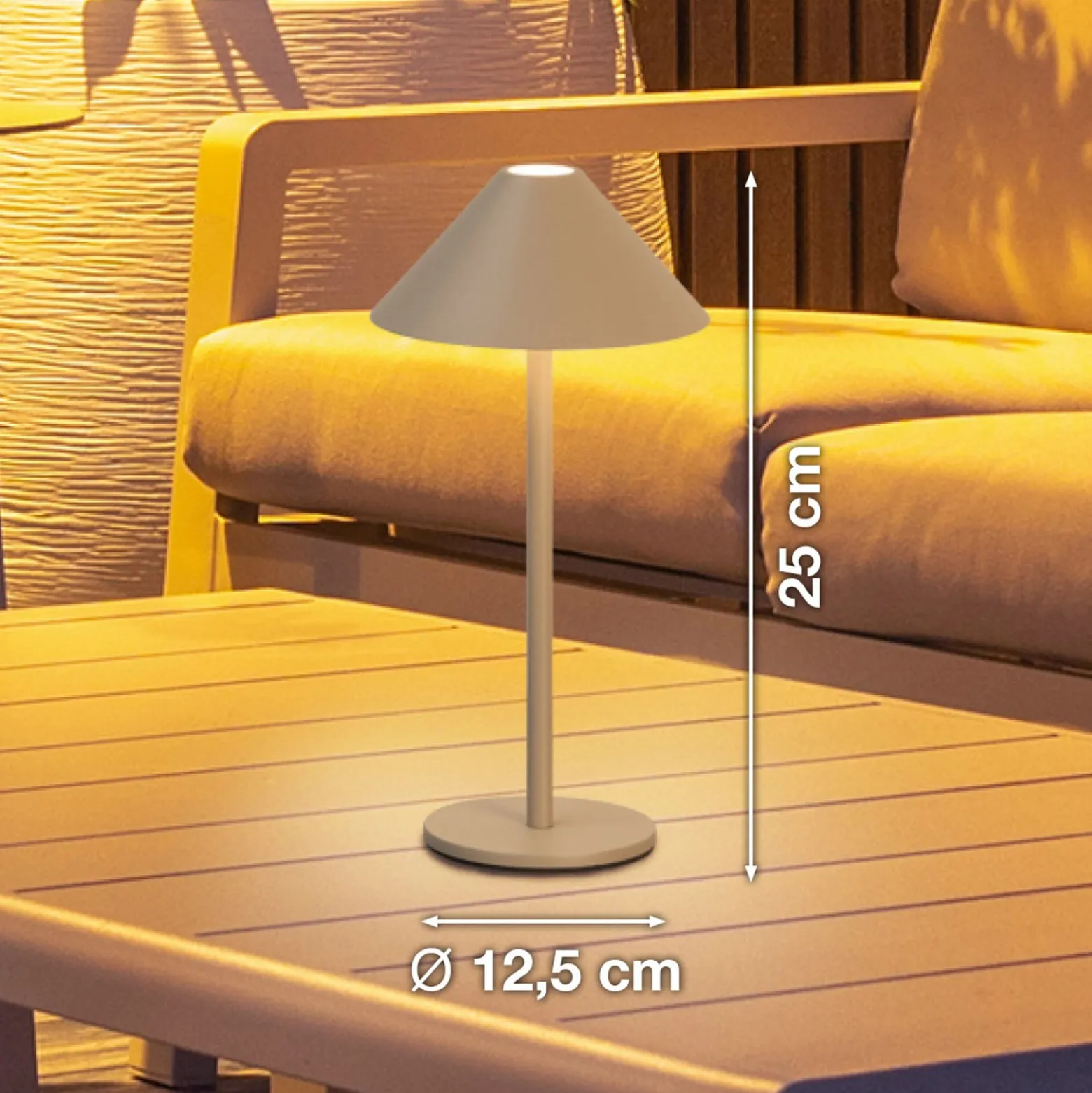 LED-akkukäyttöinen LED-pöytälamppu Prato, greige, korkeus 25 cm, metalli, IP54