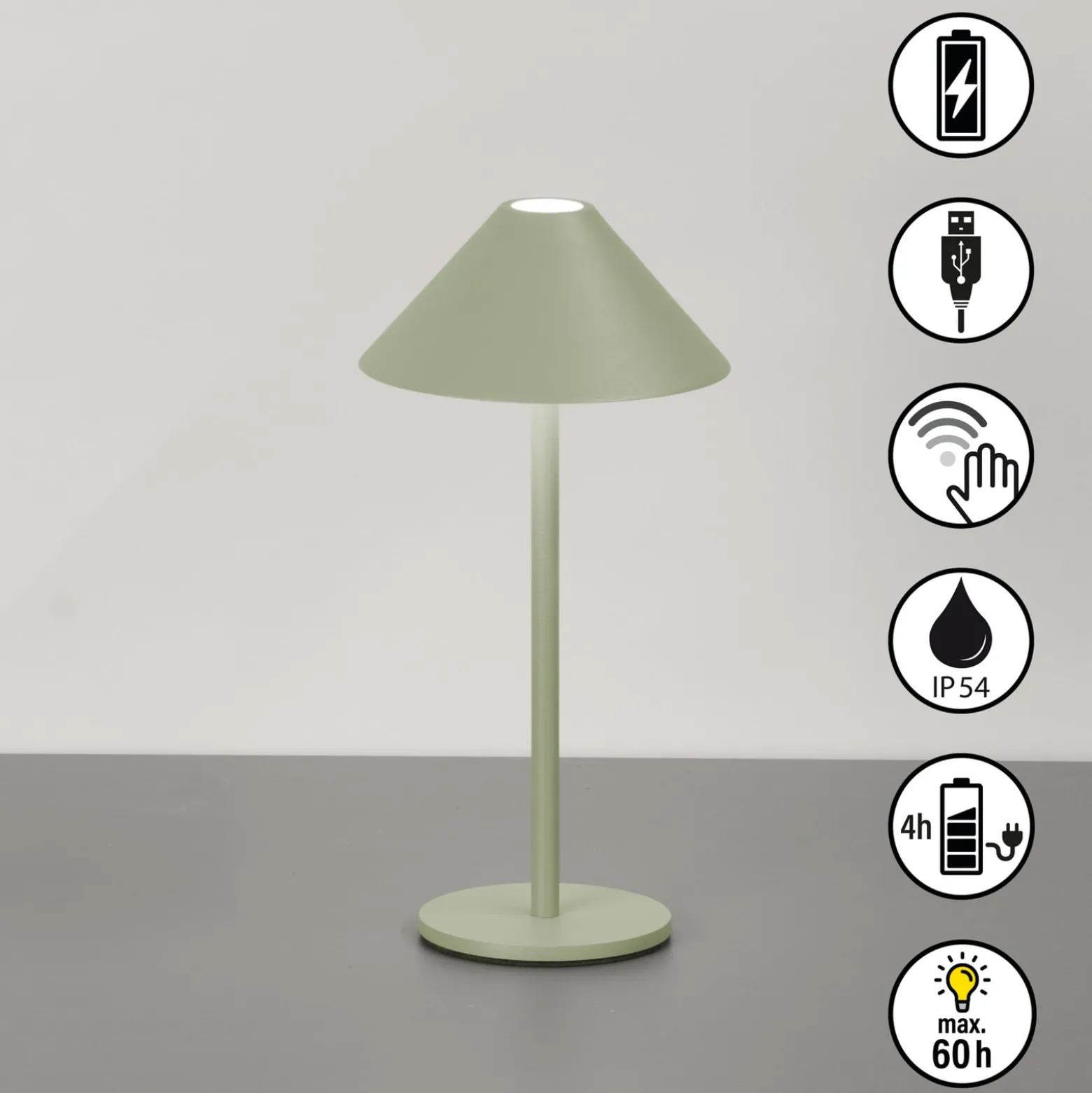 LED-akkukäyttöinen LED-pöytälamppu Prato, salviavihreä Korkeus 25 cm Metalli