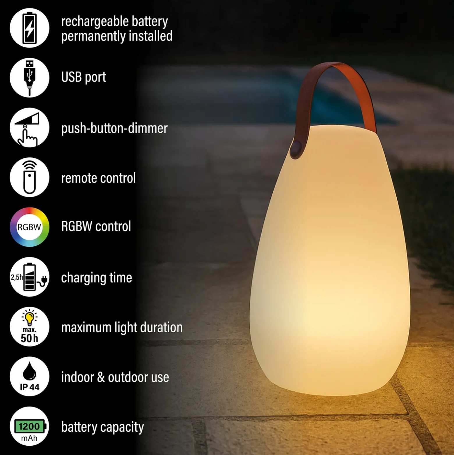 LED-akkukäyttöinen LED-pöytävalaisin Ruby, Ø 18 cm, valkoinen, IP44,