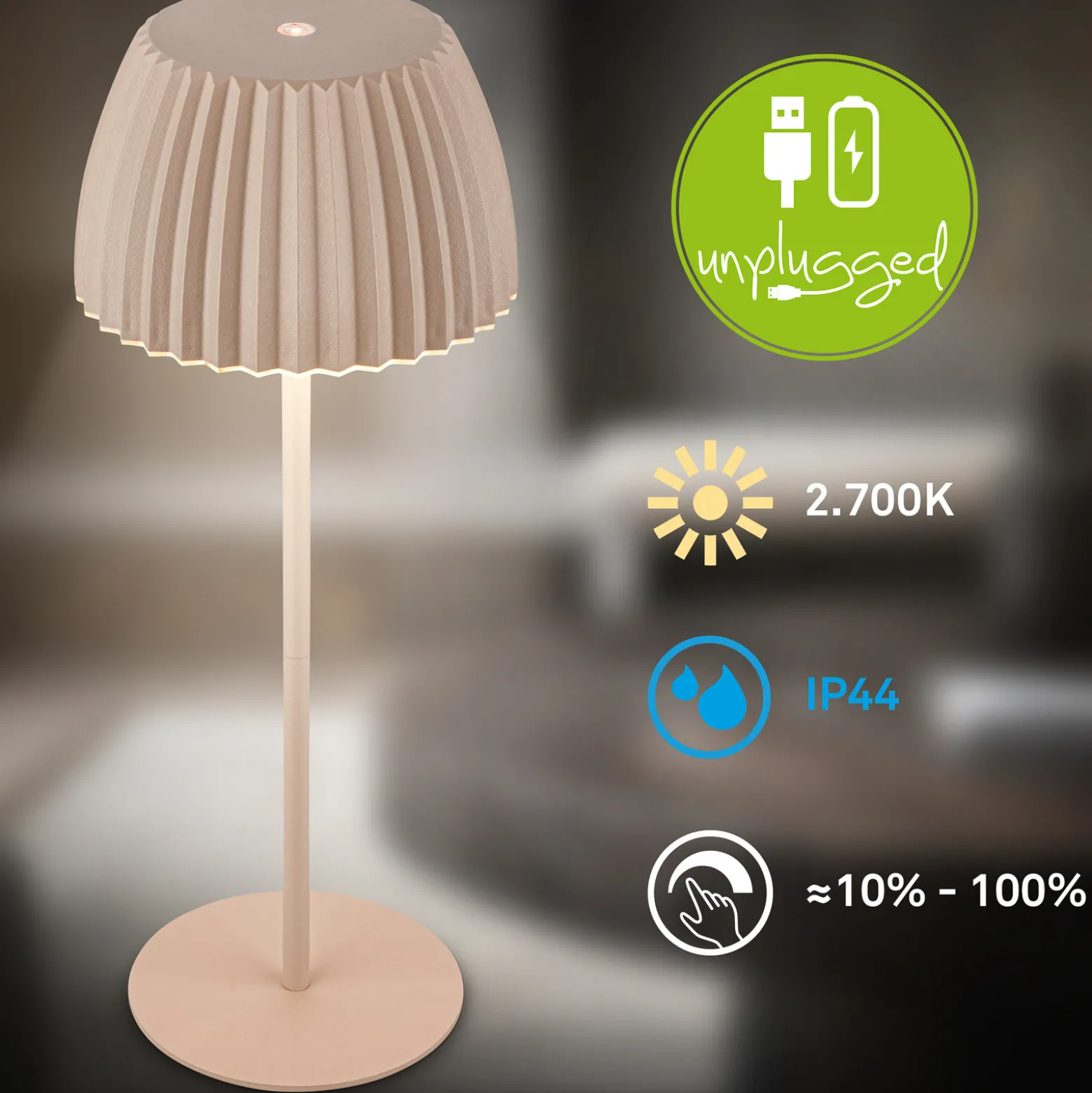 LED-akkukäyttöinen pöytälamppu Brilo unplugged Riffle, 36 cm, beige