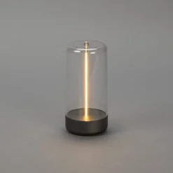 LED-akkukäyttöinen pöytävalaisin Edison, korkeus 15 cm, harmaa/kirkas, IP54
