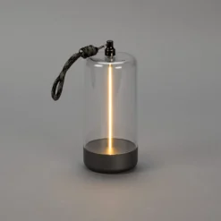 LED-akkukäyttöinen pöytävalaisin Edison, korkeus 15 cm, harmaa/kirkas, IP54