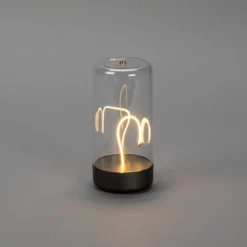 LED-akkukäyttöinen pöytävalaisin Edison, korkeus 15 cm, harmaa/kirkas, IP54