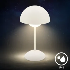 LED-akkukäyttöinen pöytävalaisin Kugle, valkoinen, metalli, IP44, himmennettävä