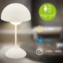LED-akkukäyttöinen pöytävalaisin Kugle, valkoinen, metalli, IP44, himmennettävä
