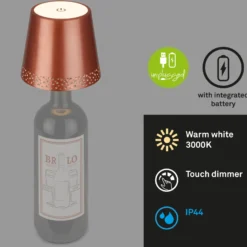 LED-akkupullovalaisin IP44, himmennin, kupari