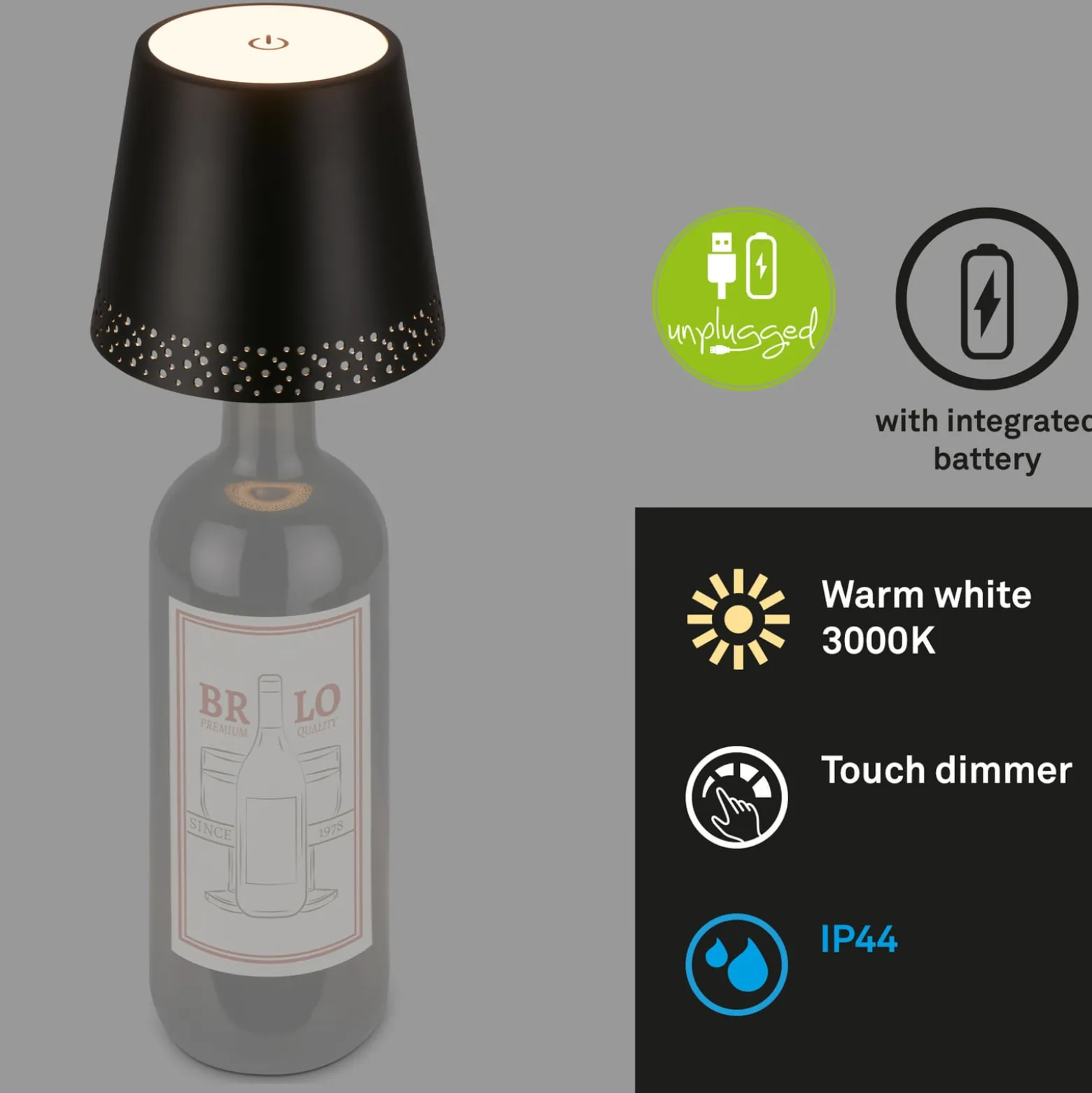 LED-akkupullovalaisin IP44, himmennin, musta