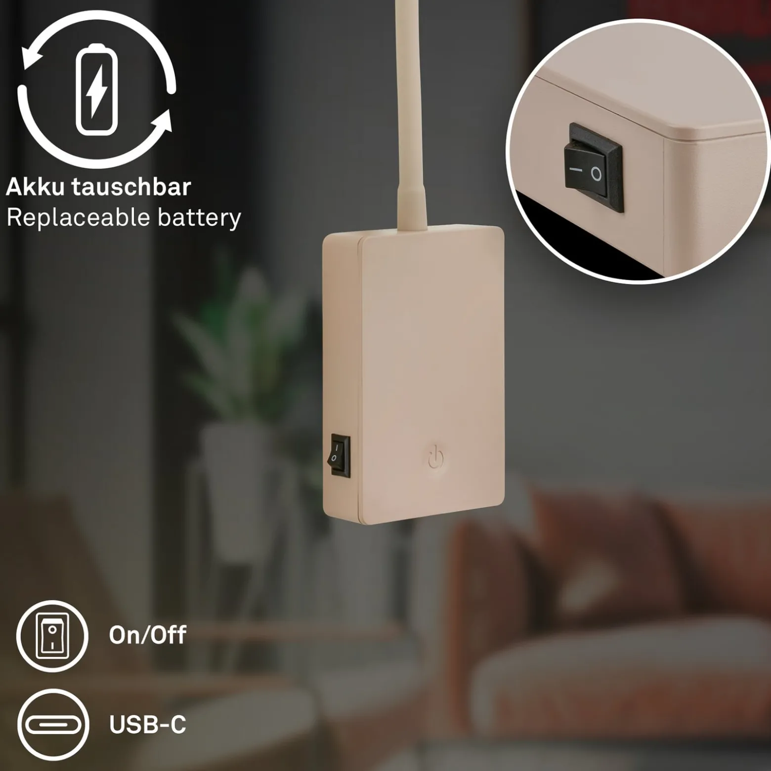 LED-akku-pöytälamppu Cielo, beige, korkeus 56 cm, muovi