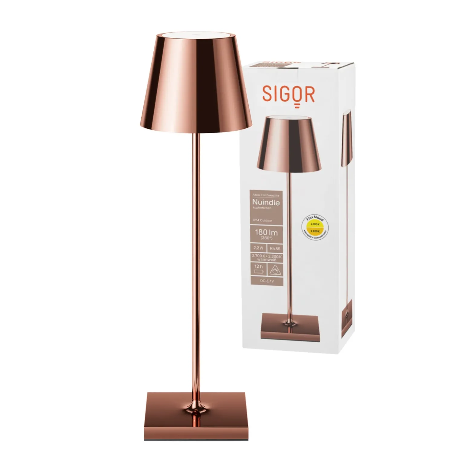 LED-akkupöytälamppu Nuindie, USB-C, kupari, IP54, himmennettävä