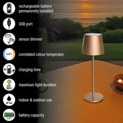 LED-akku-pöytälamppu Roxi, kahvinvärinen, metalli, IP54, himmennin