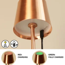 LED-akku-pöytälamppu Roxi, kuparinen, metalli, IP54, himmennin