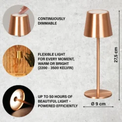 LED-akku-pöytälamppu Roxi, kuparinen, metalli, IP54, himmennin